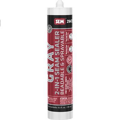 SEM 29472 2-IN-1 Seam Sealer (9.5 oz, Gray), a beadable and sprayable high-performance sealant designed for sealing interior and exterior seams, joints, and voids, ensuring superior adhesion, flexibility, and corrosion resistance.