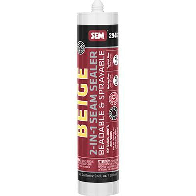 SEM 29482 2-IN-1 Seam Sealer (9.5 oz, Beige), a beadable and sprayable high-performance sealant designed for sealing interior and exterior seams, joints, and voids, ensuring superior adhesion, flexibility, and corrosion resistance.