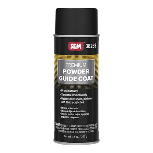 SEM 38253 Premium Powder Guide Coat (16 oz), a dry powder aerosol designed to identify low spots, pinholes, and sand scratches during primer sanding, ensuring smooth application and immediate sandability.