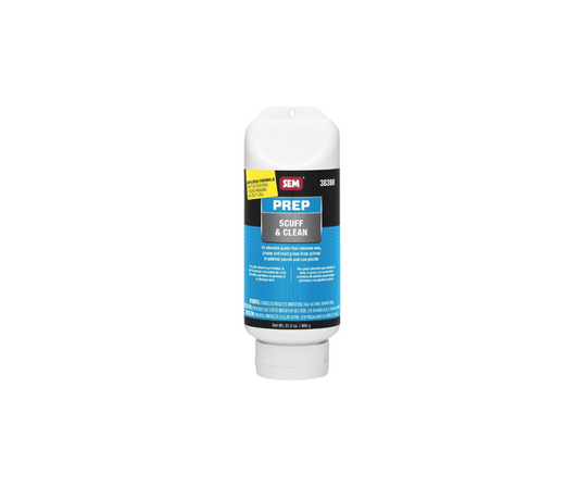 SEM 38398 Scuff and Clean, automotive surface preparation, professional-grade abrasive paste, wax and grease remover, workshop refinishing supplies, premium surface cleaner, precision sanding aid, improved formula scuffing paste, topcoat adhesion enhancer.