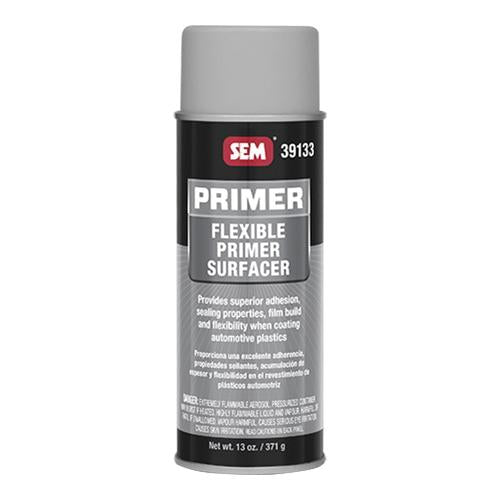 SEM 39133 Flexible Gray Primer Surfacer (16 oz Aerosol), a premium refinishing solution designed to provide superior adhesion, sealing properties, film build, and flexibility when coating automotive plastics and urethane surfaces.