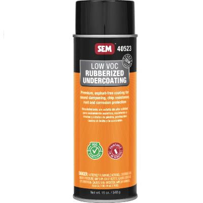 SEM 40523 Low VOC Rubberized Undercoating (24 oz Aerosol, Black), a premium, asphalt-free coating designed for sound dampening, chip resistance, rust prevention, and corrosion protection, ensuring instant adhesion and long-lasting durability.