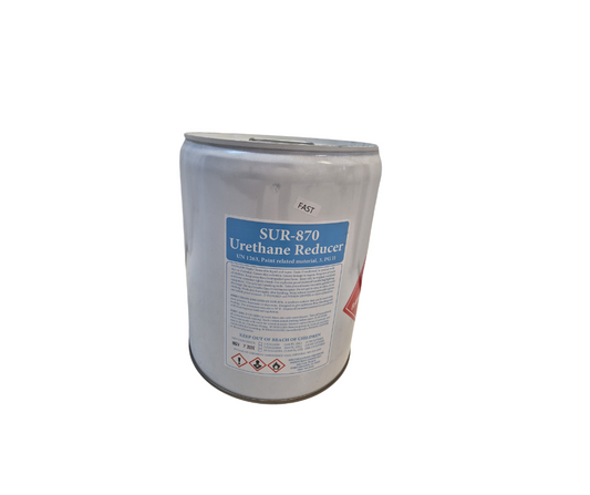 SUR-870 Urethane Reducer (5-Gallon Container), a premium-quality paint thinner designed to enhance the flow and leveling of urethane-based coatings, ensuring smooth application and superior finish.
