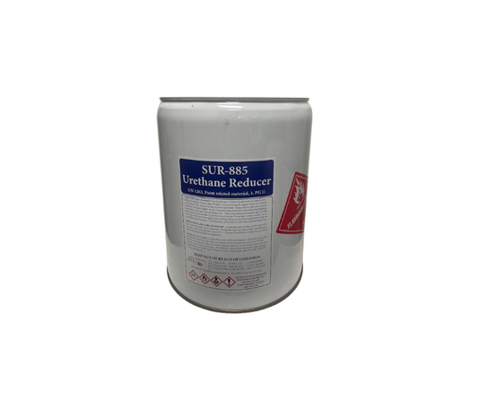SUR-885 Medium Urethane Reducer (5-Gallon Container), a premium-quality paint thinner designed to enhance the flow and leveling of urethane-based coatings, ensuring smooth application and superior finish.