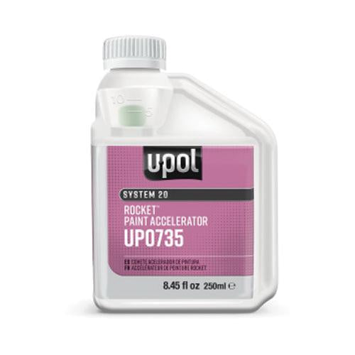 U-POL 735 Rocket Paint Accelerator (250 mL), a powerful liquid additive designed to speed up the curing process of 2K paints, clearcoats, and primers, ensuring rapid through-cure and improved efficiency.