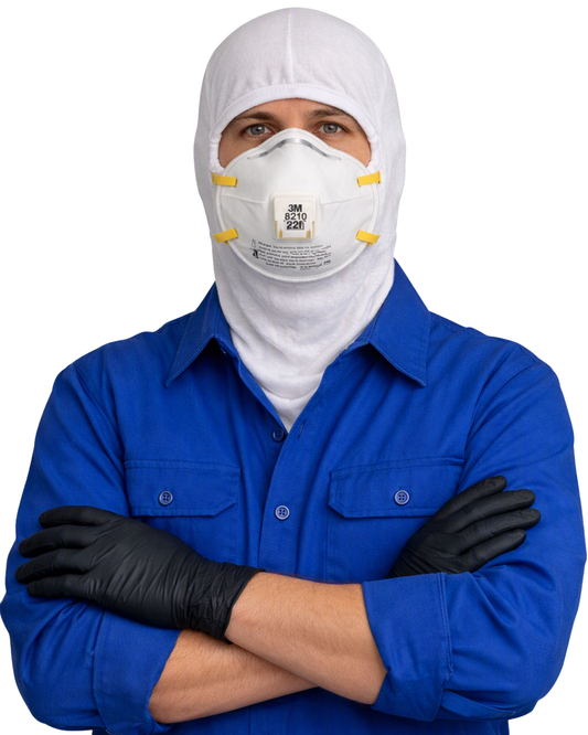Person wearing N95 respirator, white spray sock, and black nitrile gloves facing forward on a white background.