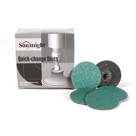 Sunmight SUN-0102 P36 Grit Quick-Change Disc (Box of 25, 3"), a high-performance abrasive disc designed for heavy-duty sanding, grinding, and surface preparation, ensuring fast material removal and superior durability.
