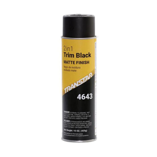 Transtar 4643 2-in-1 Trim Black Matte Finish (20 oz.), a tough, flexible polymer coating designed to restore bumpers and trim to their OEM condition, ensuring smooth application and superior durability.