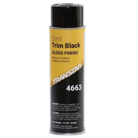 Transtar 4663 2-in-1 Trim Black Gloss (20 oz.), a tough, flexible polymer coating designed to restore bumpers and trim to their OEM condition, ensuring smooth application and superior durability.