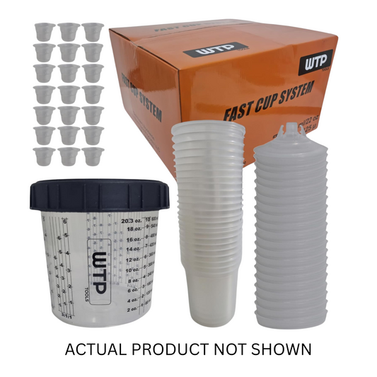 WTP Disposable Cups – Box of 50 – Includes 50 liners, 50 lids, 1 hard cup, and 20 caps, ensuring efficient paint application.