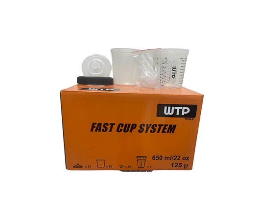 WTP Disposable Cups – Box of 50 – Includes 50 liners, 50 lids, 1 hard cup, and 20 caps, ensuring efficient mixing and spraying.