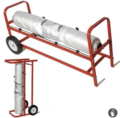 Red metal plastic sheeting dispenser cart with wheels, shown in horizontal and upright positions, holding a roll of white sheeting secured with black straps.