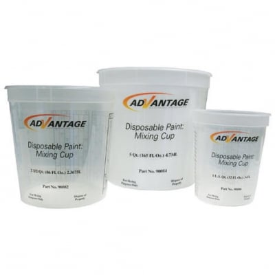 Set of Advantage disposable paint mixing cups including 2 1ll2 size, shown in clear plastic with printed measurement guides and Advantage branding.