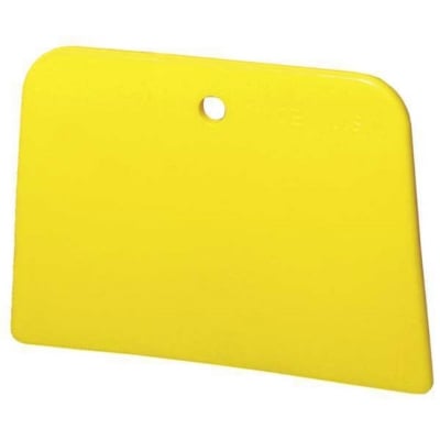 Single yellow 3x4 inch plastic spreader with a hang hole, used for applying body filler or putty, shown against a white background.