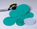 SUN.01206 Green Film Sanding Discs – 5" 80 grit hook and loop abrasives shown with DA sander, ideal for automotive surface prep.