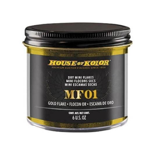 A 6 oz container of House of Kolor MF01Z6 Ultra Gold Mini Flake, used to add fine golden metallic sparkle to automotive, motorcycle, and custom paint finishes.