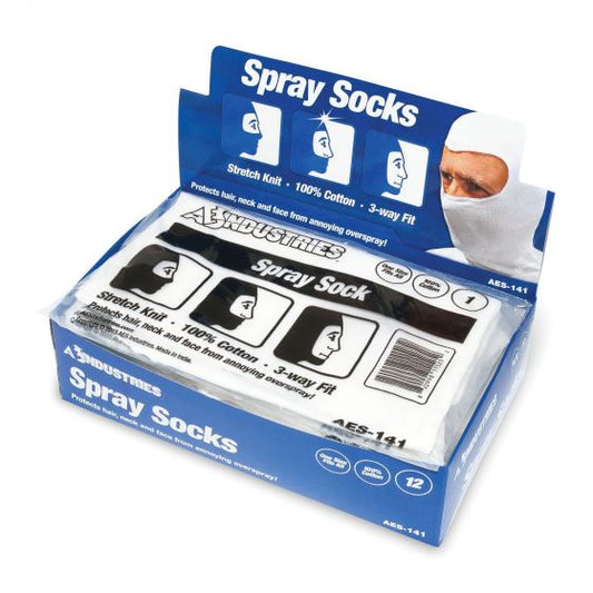 AES 141 spray sock in packaging, white cotton hood for painter overspray protection