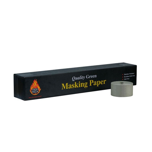MP140G-3 High Teck Green Masking Paper – 3" x 400ft roll with black box packaging, labeled “Quality Green Masking Paper,” featuring lint-free and excellent hold-out properties.