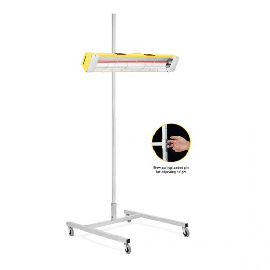 Infratech SRU-1615 1500W infrared curing lamp mounted on a mobile stand with caster wheels and adjustable height via spring-loaded pin, designed for automotive paint and primer spot repairs.