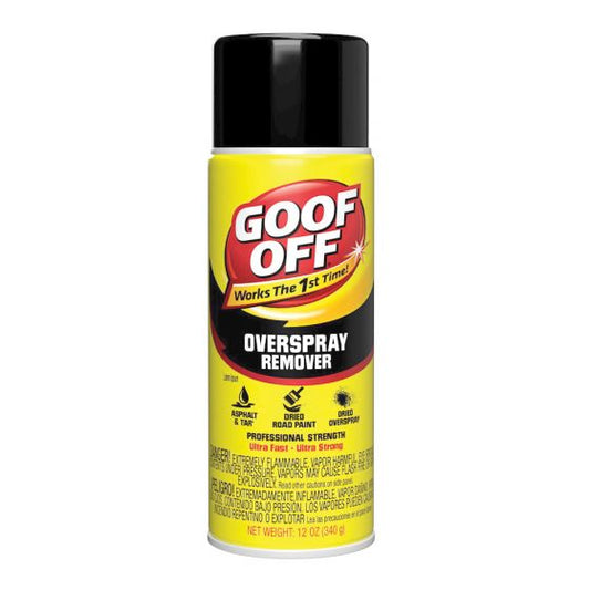 Goof Off GOF.705 Overspray Remover – 12oz yellow aerosol can labeled “Works the 1st Time!” for removing tar, asphalt, and dried overspray.