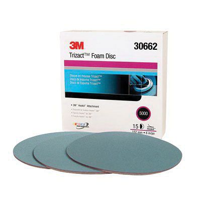 3M 30662 Trizact P5000 foam discs with three visible blue abrasive 6-inch discs and Hookit attachment system