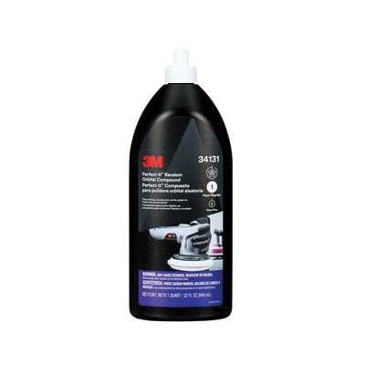 Black plastic bottle of 3M Perfect-It Random Orbital Compound with white cap and polishing pad illustration on label, designed for orbital polishing systems.