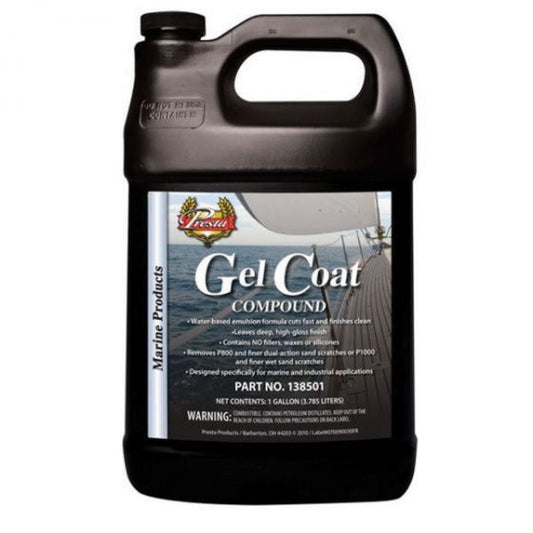 Presta 138501 Gel Coat Compound (1-Gallon), designed for marine and automotive refinishing applications, ensuring efficient oxidation removal, superior cutting action, and a deep gloss finish for professional-grade results.