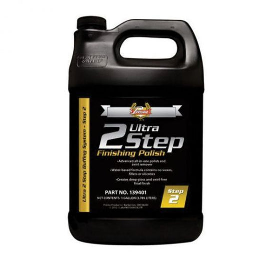 Presta 139401 Ultra Step 2 Finishing Polish (1-Gallon), designed for automotive refinishing applications, ensuring a deep gloss, swirl-free finish, and efficient buffing for professional-grade results.