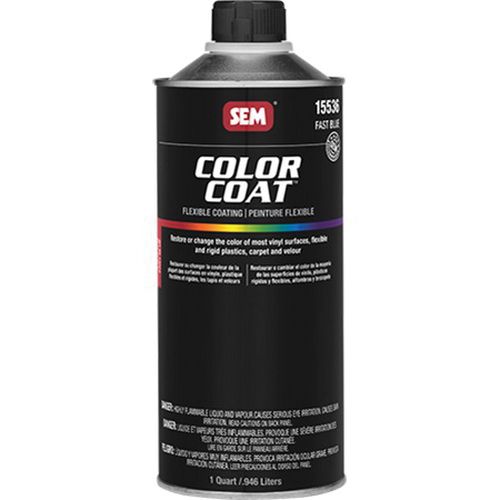 SEM 15536 Fast Blue Color Coat (1 Quart), a fade-resistant, flexible coating designed to restore or change the color of vinyl, plastic, carpet, and velour, ensuring superior adhesion and durability.