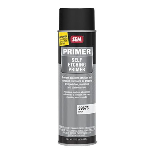SEM 39673 Self Etching Black Primer (20 oz Aerosol), a premium adhesion promoter designed to bond directly to properly prepped steel, aluminum, and stainless steel, ensuring superior corrosion resistance and durability.