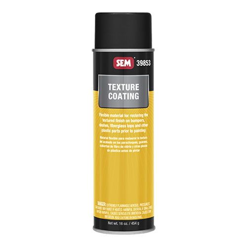 SEM-39853 Texture Coating (20 OZ), a high-performance flexible coating restoring OEM textures on bumpers, dashes, fiberglass tops, and plastic surfaces before painting.