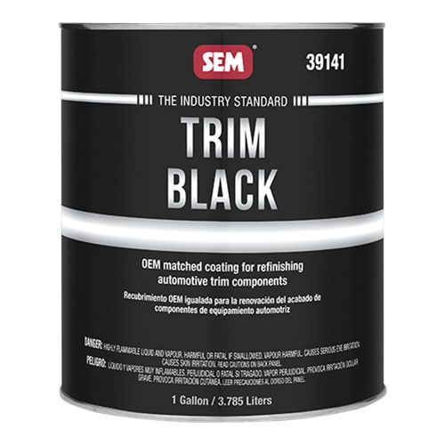 SEM 39141 Trim Black (1 Gallon), a high-performance acrylic coating designed to match the OEM finish on automotive trim components, ensuring excellent adhesion, flexibility, and long-lasting protection.