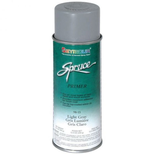Seymour 98-15 Spruce Light Gray Primer (12 oz Aerosol), a fast-drying spray primer designed to provide maximum rust protection and adhesion for finishing topcoats, ensuring excellent resistance to heat and corrosion.