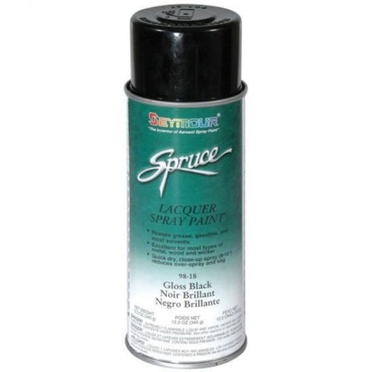 SEY-98-18 Spruce Gloss Black Lacquer (16 OZ), a fast-drying, high-gloss spray paint providing durable indoor and outdoor protection with resistance to grease, gasoline, and most solvents.