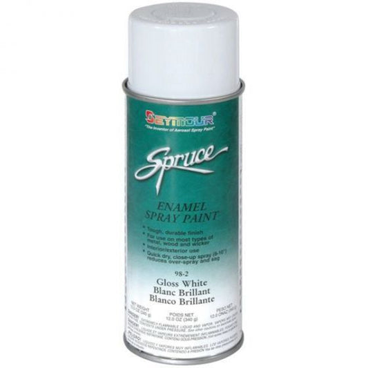 SEY-98-2 Spruce Gloss White Enamel (16 OZ), a fast-drying, high-gloss spray paint providing durable indoor and outdoor protection with resistance to grease, gasoline, and most solvents.