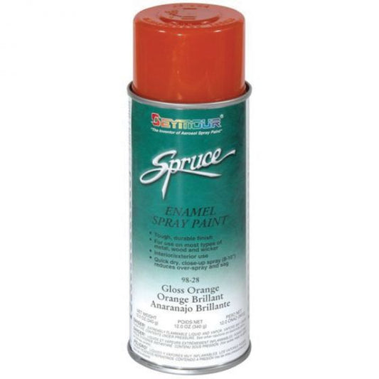 SEY-98-28 Spruce Semi-Gloss Black Enamel (16 OZ), a fast-drying, high-adhesion spray paint providing durable indoor and outdoor protection with resistance to chipping, peeling, and rust.