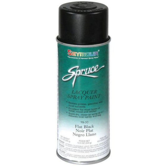 SEY-98-30 Spruce Flat Black Lacquer (16 OZ), a fast-drying, high-adhesion spray paint providing durable indoor and outdoor protection with resistance to grease, gasoline, and most solvents.