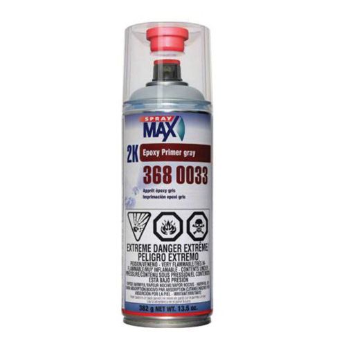 SprayMax 3680033 2K Epoxy Primer (13 oz Aerosol, Gray), a universal epoxy primer filler designed for problematic surfaces such as metal, non-ferrous metal, galvanized sheet steel, and anodized aluminum, ensuring excellent adhesion, corrosion resistance, and outstanding insulating properties.
