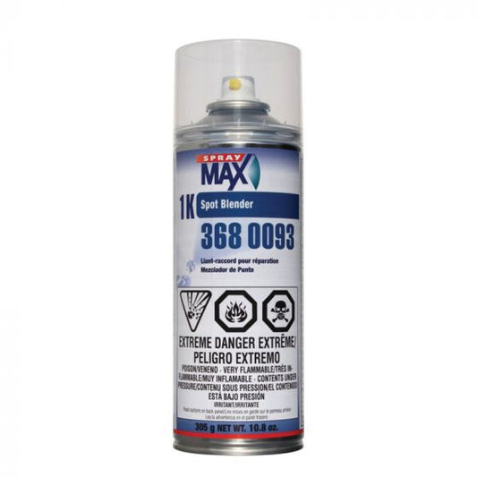 SprayMax 3680093 1K Spot Blender (10.8 oz Aerosol), a specialized blending solvent designed to create seamless edge transitions in spot repairs for 2K clearcoats and single-stage topcoats, ensuring smooth blending and professional refinishing results.
