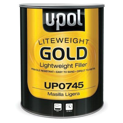 U-POL 0745 Flyweight Gold Lightweight Body Filler (3L), a premium two-component polyester filler designed for seamless repairs and superior adhesion, ensuring smooth spreading and pinhole resistance.