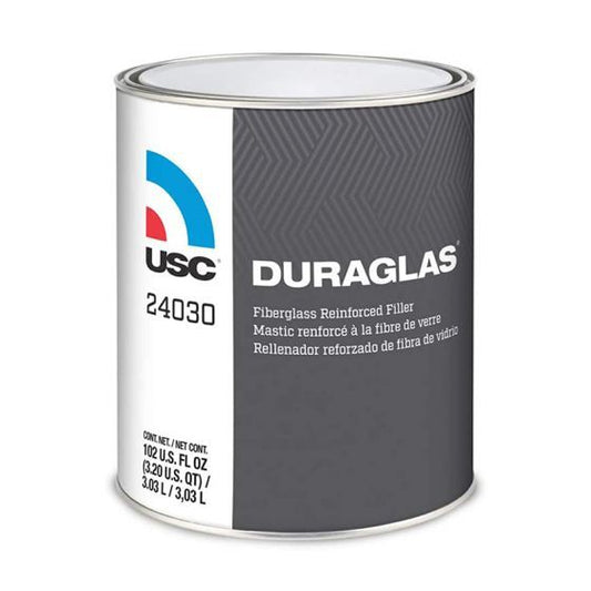 USC 24035 Duraglas Short Strand Fiberglass Filler (1 Quart, Dark Green), a premium fiberglass-reinforced body filler designed for maximum strength and durability, ensuring superior adhesion and rustproof protection.