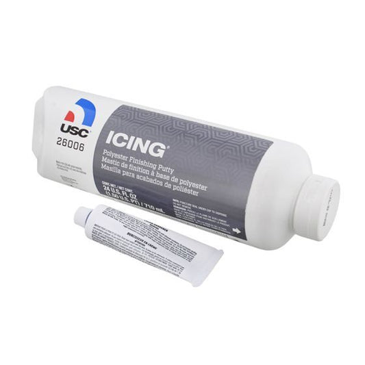 USC 26006 ICING Polyester Finishing Putty (24 oz), a premium self-leveling finishing glaze designed for minor bodywork, surface imperfections, and seamless featheredging, ensuring easy spreading and fast curing.