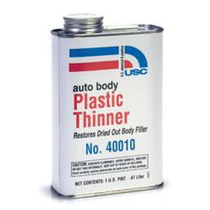 USC 40010 Plastic Thinner (16 oz), a polyester resin-based solution designed to revitalize dried-out body fillers and restore spreadability, ensuring smooth application and improved flexibility.