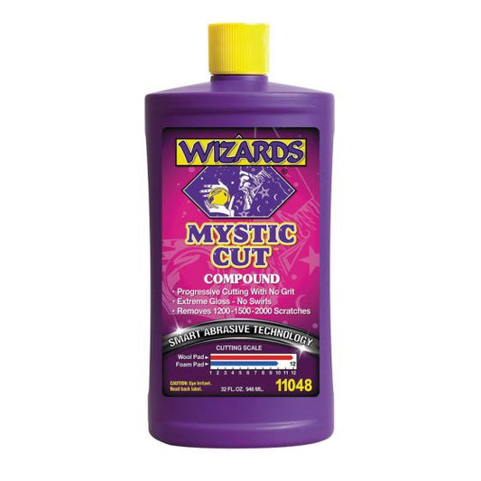 Wizards Mystic Cut Compound (32 oz), a smart abrasive technology formula designed for progressive cutting action without gritty residue, ensuring extreme gloss and efficient scratch removal.