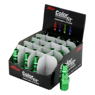 MI 777AC A-Style Long Male Plug, 1/4-inch NPT, green anodized aluminum pneumatic fitting designed for high-pressure air tool connections.