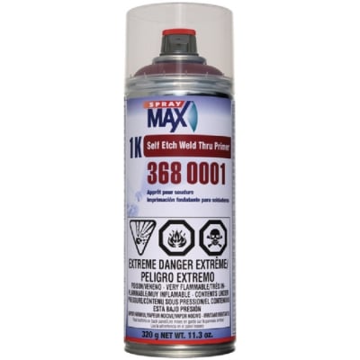 SprayMax 3680001 Self Etch Weld-Thru Primer (11.3 oz, Red-Brown), a high-performance corrosion protection primer designed for bare metal surfaces, ensuring excellent adhesion, rust prevention, and anti-spatter properties.